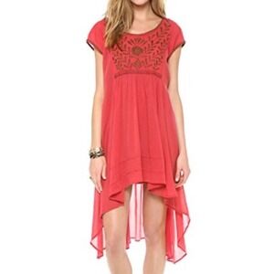 Free People Embroidered Peasant Dress Coral Tiered High Low Cap Sleeve